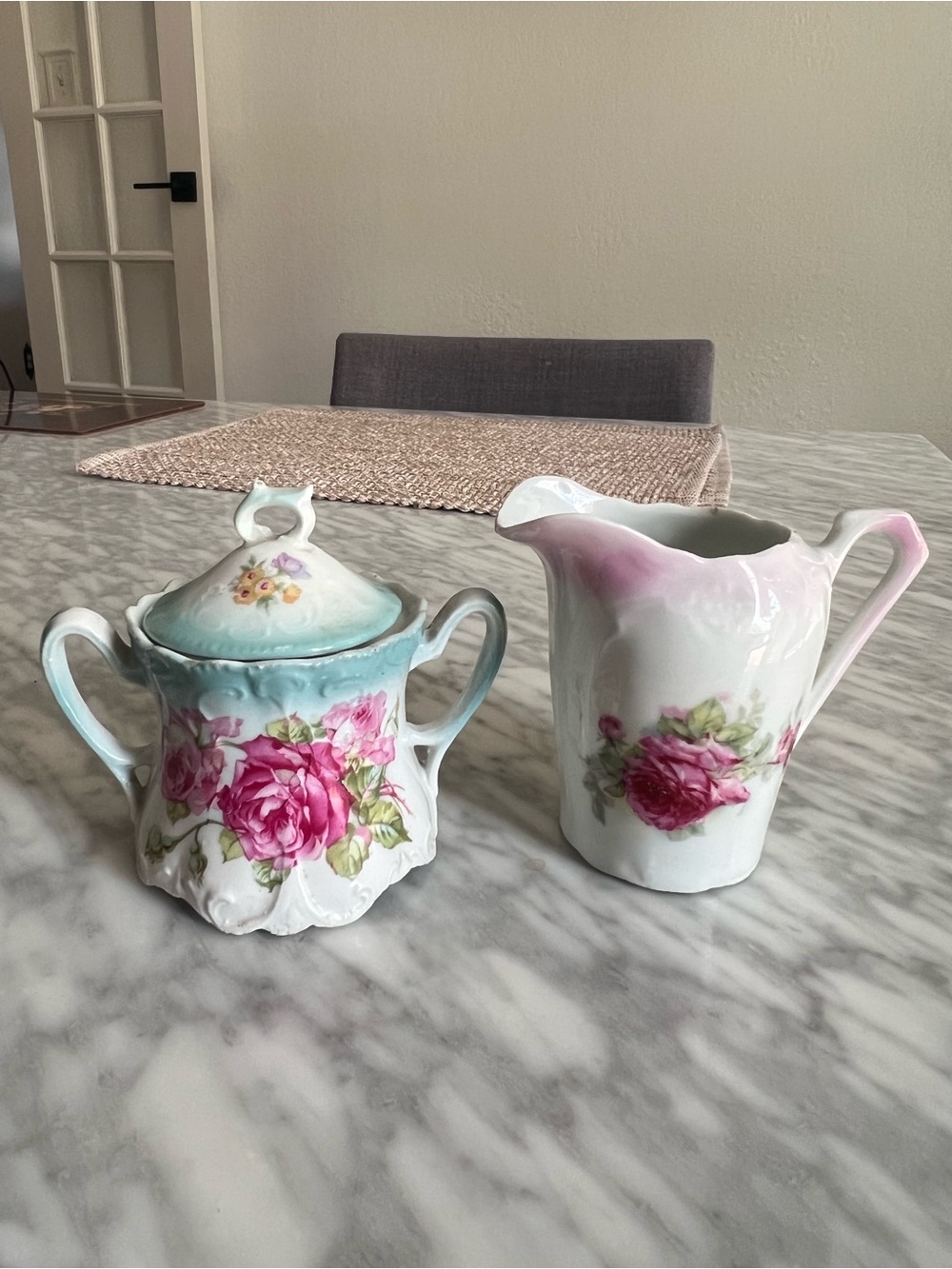 Vintage Floral Porcelain Sugar Bowl and Creamer Set - Pink Rose